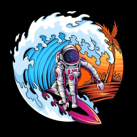 Summer astronaut surfing in space beach ... | Premium Vector #Freepik #vector #cute-space #space-travel #cartoon-planets #cartoon-galaxy Business Card Icons, Astronaut Wallpaper, Seni Dan Kraf, Visiting Card Design, Vinyl Car Stickers, Surf Art, Paint Kit, Mosaic Crafts, Art Paint