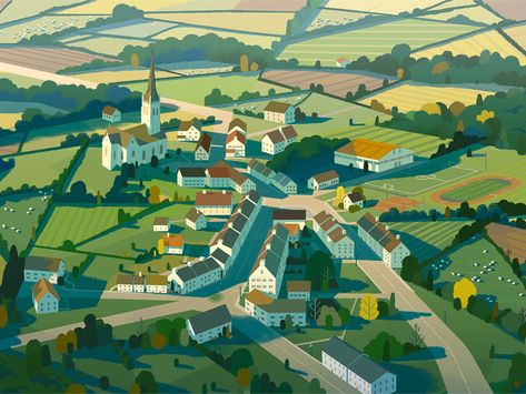 Welsh Town by Folio Illustration Agency Bombay Sapphire, National Lottery, 카드 디자인, Contemporary Illustration, Landscape Illustration, Visual Development, Environment Design, Environment Concept Art, Map Design