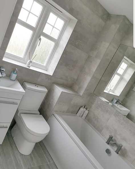 Small Bathroom Ideas White And Grey, Medium Bathroom Ideas Layout, Grey Bathroom With White Cabinets, Boiler In Bathroom Ideas, B&q Bathroom Ideas, Light Grey And White Bathroom, Grey House Decor, White And Grey Bathroom Ideas, Upcycle Bathroom