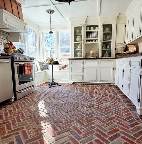 Black Countertop Kitchens, White Distressed Cabinets, Brick Kitchen Floor, Brick Floor Kitchen, Kitchen Inspiration Board, 1920s Kitchen, Brick Floors, Black Countertop, Fixer Upper Kitchen