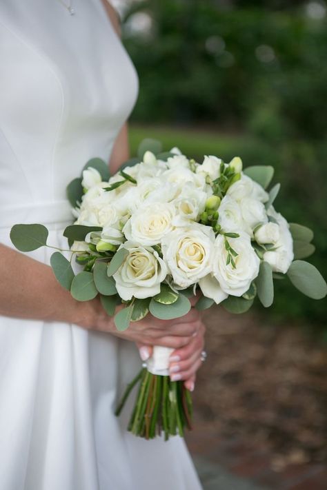 White Roses And Eucalyptus Wedding, Rose And Freesia Wedding Bouquet, White Bouquet Wedding Simple, Just White Roses Bouquet, White Roses Bridal Bouquet With Greenery, White Bouquet With Eucalyptus, Ivory Wedding Bouquet With Greenery, Wedding Bouquet White Roses Eucalyptus, Bridal Bouquet White Roses Eucalyptus