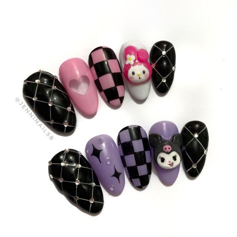 Kurumi Nails Art, My Melody And Kuromi Nail Art, Kuromi And Hello Kitty Nails, My Melody Kuromi Nails, Kuromi Nails Acrylic Short, Kuromi Short Nails, Kuromi Nails Simple, Melody And Kuromi Nails, Kuromi Inspired Nails