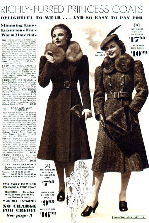 Catalog Inspiration: Fall and Winter Coats- 1939-1940 ��– Wearing History® Blog 1940s Winter Fashion, Vintage Winter Fashion, Idda Van Munster, 1940s Women, Vintage Corner, Fashion 1940s, Winter Outfits Cold, Foxtrot, 40s Fashion