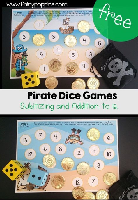 Pirate Dice Activities – Fairy Poppins Pirate And Mermaid Theme Preschool, Pirate Activities Preschool, Preschool Pirates, Dice Activities, Fairy Poppins, Pirates And Mermaids, Pirate Maths, Pirate Preschool, Subitizing Activities