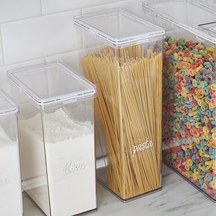 Enjoy free shipping on all purchases over $75 and free in-store pickup on the The Home Edit Pasta Canister at The Container Store. This sleek pantry canister can be the secret to effortless organization. Perfectly modular and stackable to make the most of shelf space, it's completely clear so contents are always visible. Its clear lid features a silicone gasket for an air-tight seal to help preserve freshness. Store spaghetti, lasagna noodles or any pasta - up to two standard boxes will fit. ... Spaghetti Lasagna, Clutter Free Kitchen, Pantry Bin, Perfect Pantry, Lasagna Noodles, Home Edit, Pantry Organizers, Pantry Shelving, Shelf Dividers