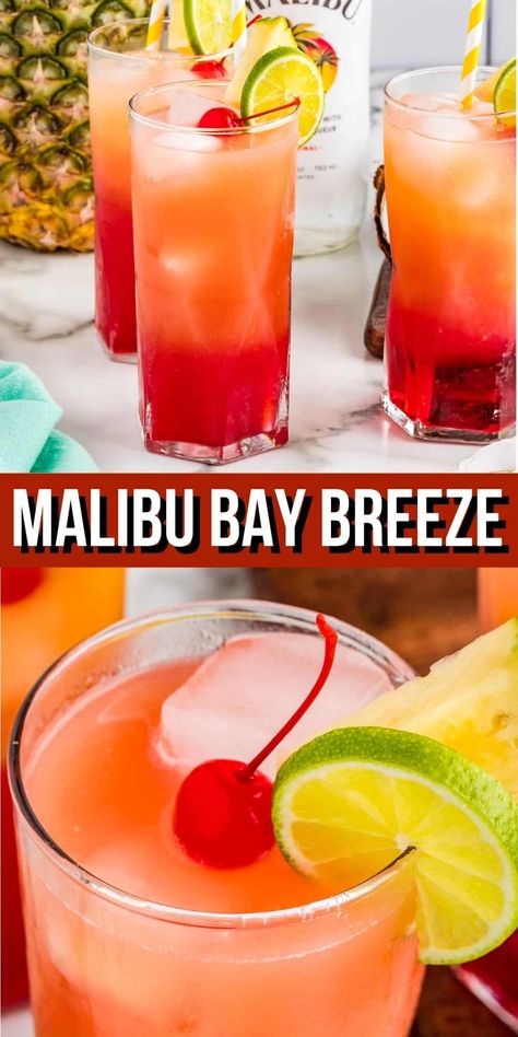 Bay Breeze Cocktail, Malibu Bay Breeze, Malibu Rum Drinks, Drinks With Cranberry Juice, Coconut Rum Drinks, Rum Drinks Recipes, Fruity Alcohol Drinks, Malibu Drinks, Easy Alcoholic Drinks