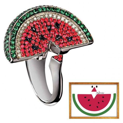 "Watermelon" painting and ring in 18K white gold, diamonds, pink and blue sapphires, and tsavorites by Cris Porto for Gustavo Rosa Watermelon Jewelry, Watermelon Painting, Watermelon Art, Jewellery Trends, Expensive Jewelry Luxury, Fruit Jewelry, International Jewelry, Jewellery Marketing, Daily Jewelry