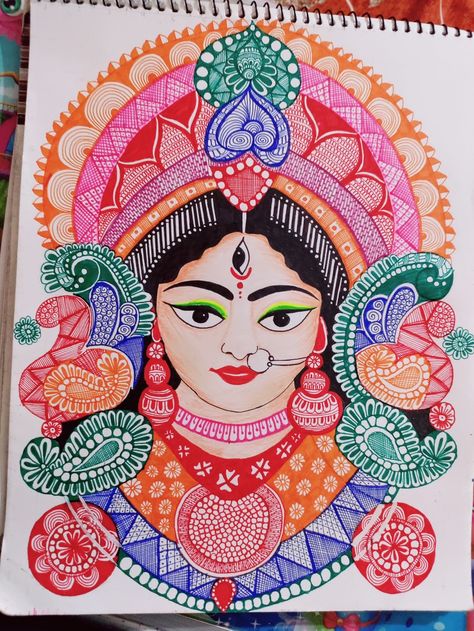 Navratri Garba Mandala Art, Ma Durga Madhubani Painting, Durga Maa Mandala Art Colourful, Godess Durga Drawings, Durga Mata Mandala Art, Ammavaru Images, Navratri Drawing Sketch, Navaratri Drawings, Ma Durga Mandala Art