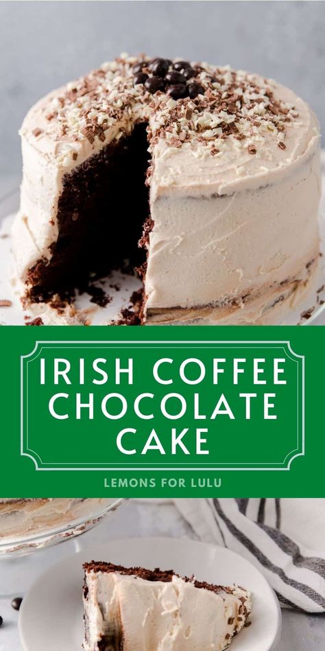 You don’t have to be a coffee drinker to love this Irish Coffee Chocolate Cake! This tender cake has all the flavors of a good old Irish coffee, but it is sweet and decadent too! This cake is acceptable anytime your chocolate craving hits! Irish Coffee Cake, Coffee Chocolate Cake, Irish Desserts Traditional, Chocolate Desserts Cake, Irish Desserts, Cake Breakfast, Coffee Buttercream, Boozy Desserts, Coffee Chocolate