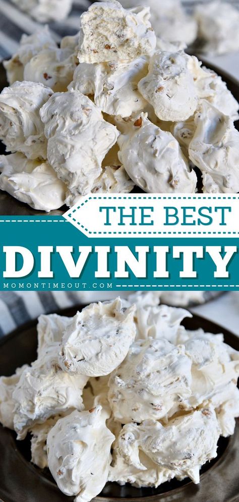 THE BEST DIVINITY CANDY, christmas treats, holiday desserts Microwave Divinity, Divinity Candy Recipe, Divinity Candy, Holiday Baking List, Mom On Timeout, Thanksgiving Cakes, Easy Vegetarian Dinner, Homemade Candy, Candy Recipe