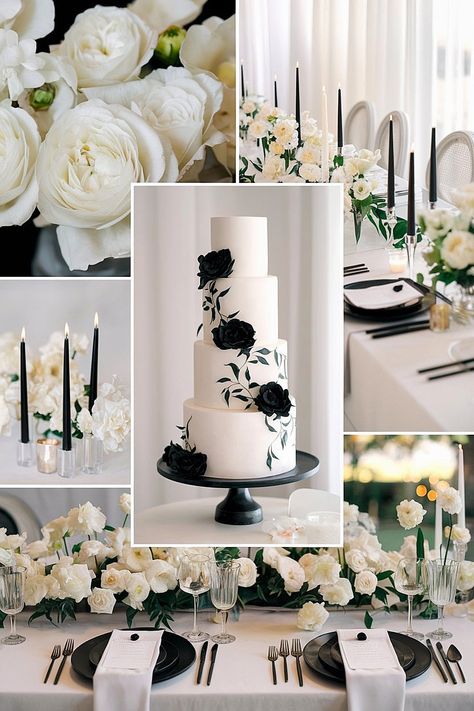 Black and white wedding color palette with modern decor elements. Black And White Wedding Theme Centerpieces, Black White And Sage Green Wedding, Green Black And White Wedding, Black White And Pink Wedding, Black And White Wedding Theme Classy, Rose Gold Wedding Palette, Minimalist Fall Wedding, Navy And Sage, Best Wedding Websites