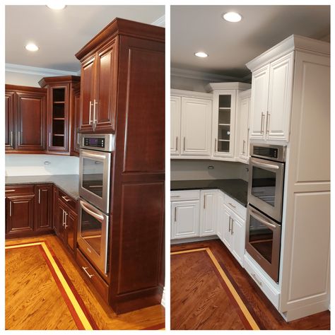 Tips for Painting Cherry Cabinets White | Dengarden Beige Counters Kitchen, Cherry Wood Kitchen Cabinets, Kitchen Cabinets White, Chicago Condo, Cherry Wood Kitchens, Dark Wood Kitchen Cabinets, Cherry Wood Cabinets, Painting Kitchen Cabinets White, Paint Cabinets White