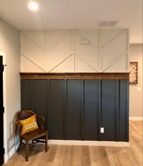 Accent Wall In Closet Walk In, Half Accent Wall Living Room, Panel Wall Entryway, Diagonal Board And Batten Wall, Wall Paneling Ideas Entryway, Stained Board And Batten Wall, Navy Board And Batten Wall, Board And Batten Wall With Shelf, Small Basement Design