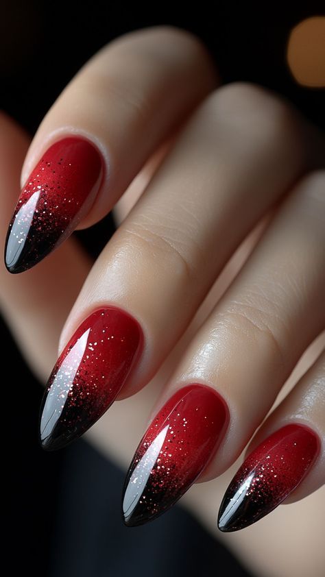 October Ombre Nails, Black And Red Halloween Nail Designs, Simple Red And Black Nails, Black And Red Halloween Nails, Red Nails With Designs, Red Halloween Nails, Black Ombre Nails, Red Ombre Nails, Halloween Nail Ideas