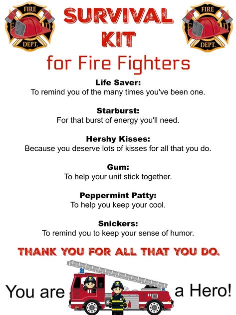 Survival Kit for Fire Fighters Survival Kit Gifts, Survival Supplies, Food Meals, Survival Kits, Firefighter Gifts, Fire Fighter, Survival Food, Wilderness Survival, Fire Dept