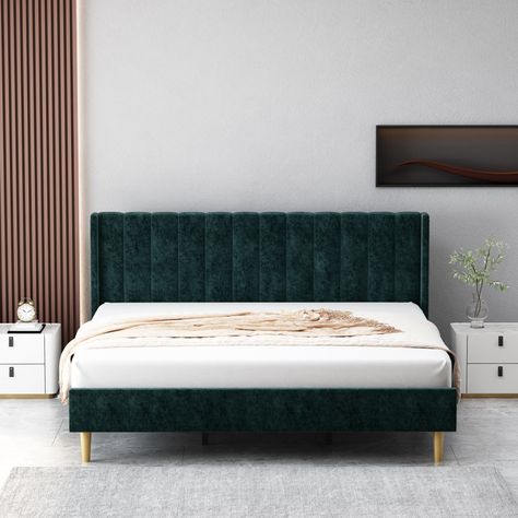 George Oliver Deeb Upholstered Bed & Reviews - Wayfair Canada Low Profile Bed, Bed Platform, Wingback Headboard, Green Bedding, Types Of Beds, Upholstered Bed, Platform Bed Frame, Upholstered Platform Bed, Wood Slats