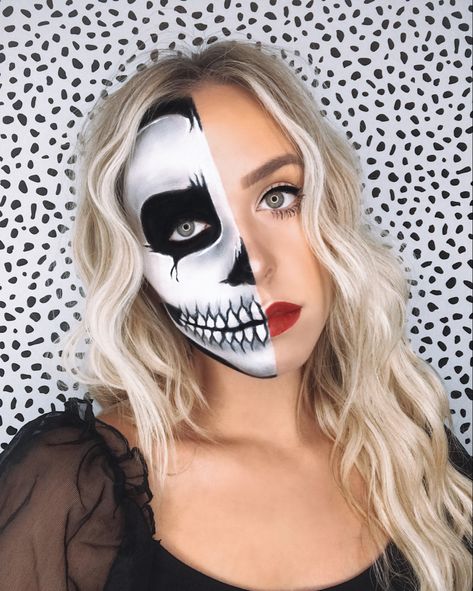 Half Painted Skeleton Face, Simple Skeleton Makeup Half Face, Halloween Skeleton Makeup Half Face, Easy Skeleton Makeup Kids, Skeleton Makeup For Kids, Mens Skeleton Makeup, Half Skeleton Makeup Easy, Kids Skeleton Makeup, Halloween Makeup Half Face