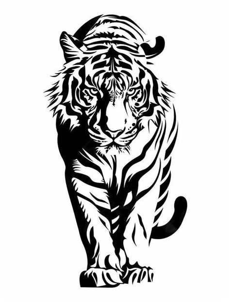 The image is a black and white illustration of a tiger. The tiger is facing forward, with its head held high and its eyes narrowed. Its stripes are clearly defined, and its body is muscular. The tiger is depicted in a predatory stance, with its paws poised to strike. The image is striking in its simplicity, and it captures the power and beauty of this magnificent animal.  ... daha fazla