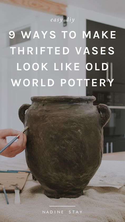 Diy Antique Pottery, Aged Vases Diy, Diy Plaster Planter, Diy Old World Pottery, Repurposed Vases Diy Projects, Diy Antique Vase, Diy Rustic Vase, Weathered Vases, Old Vases Ideas Diy Projects