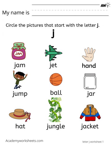 Learn the Letter J j - Academy Worksheets Letter J Crafts, Letters J, J Sound, Worksheet For Preschool, Phonics Printables, J Words, Alphabet Crafts Preschool, J Craft, The Letter J