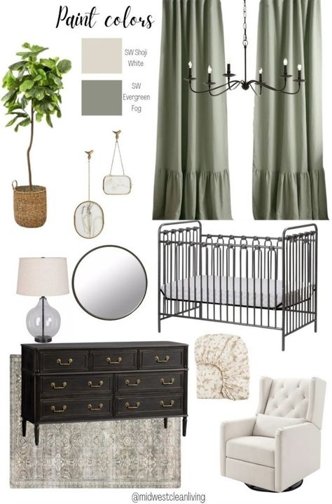 beautiful farmhouse vintage-inspired nursery for baby girl! baby girl nursery, baby girl room, baby room nursery decor, nursery inspiration, floral rug, green nursery, sage nursery, neutral nursery, farmhouse nursery, metal crib, black crib, vintage crib, nursery light, fig tree, evergreen fog, shoji white, nursery curtain, little girl room, cottage nursery, elegant nursery, capiz decor, whimsical nursery, whimsical nursery decor Green Furniture Nursery, Black White And Green Nursery, Sage Green And Black Nursery, Sage Green Nursery Girl, Green And Gold Nursery, Green Girls Nursery, Green Baby Girl Nursery, Green And White Nursery, Green Girl Nursery