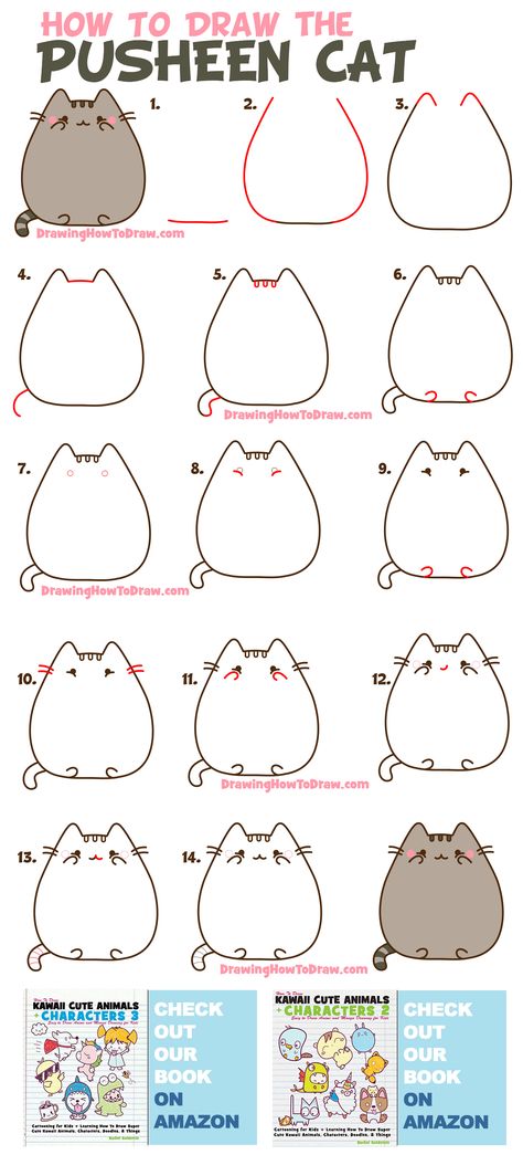 learn how to draw the pusheen cat from social media and facebook stickers easy step by step drawing tutorial for kids & others Pusheen Cat Drawings, How To Draw Pusheen Step By Step, Pusheen Drawings Step By Step, Cute Chibi Cat Drawing, How To Draw Kawaii Cats Step By Step, How To Draw A Cute Cat Step By Step, Kawaii Art Cat, How To Doodle A Cat, How To Draw A Cat Face Easy