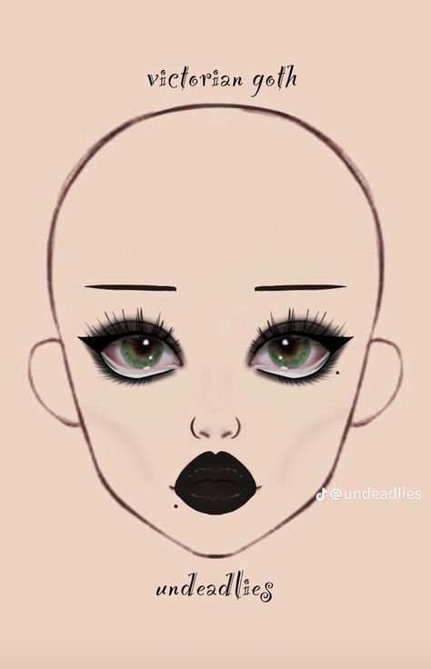 Goth Makeup Face Chart, Goth Makeup Inspo Drawing, Victorian Makeup Gothic, Goth Makeup Ideas Drawing, Trad Goth Makeup Template, Victorian Goth Makeup, Goth Makeup Looks, Goth Eye Makeup, Corpse Paint