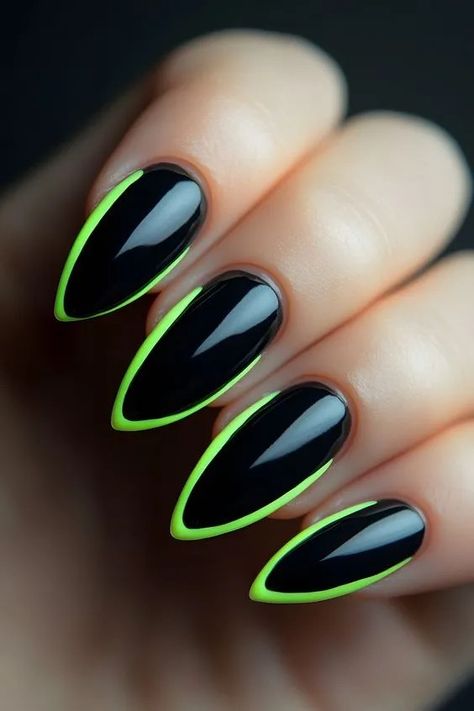 The Ultimate Halloween Nails Inspiration Neon Green Cat Eye Nails, Matte Black And Orange Nails, Black Neon Green Nails, Black With Neon Nails, Short Neon Green Nails, Black On Black Nails, Black And Neon Green Nails, Easy French Tip Nails, Black And Neon Nails