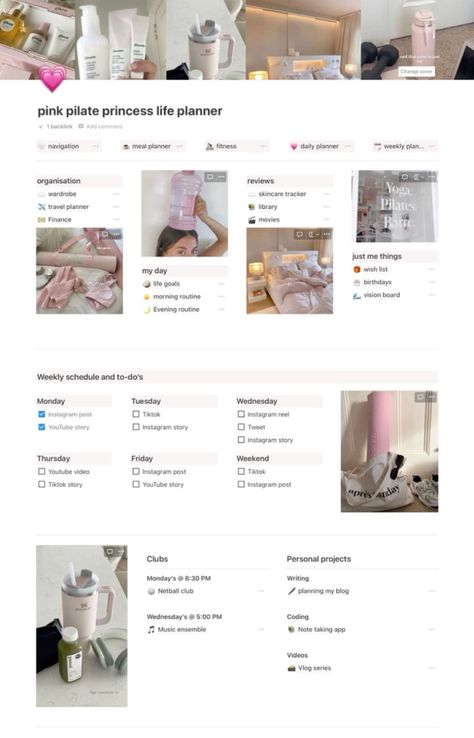 Pink Pilate Princess Notion Life Planner 💗, A Pink Pilates Princess Notion Template, Youtube Notion Template, Pink Pilates Princess Notion, Pink Pilate Princess, Pink Notion Template, Pink Notion, Productive Planner, Notion Template Ideas, Aesthetic Notion Template