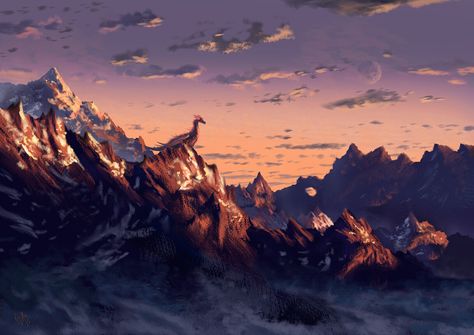 ArtStation - Dragon Mountains Artstation Dragon, Mountain Aesthetic, Mountains Aesthetic, Mountain Drawing, Mountain Illustration, Dnd Dragons, Dragon Images, Magic Aesthetic, Fantasy Places