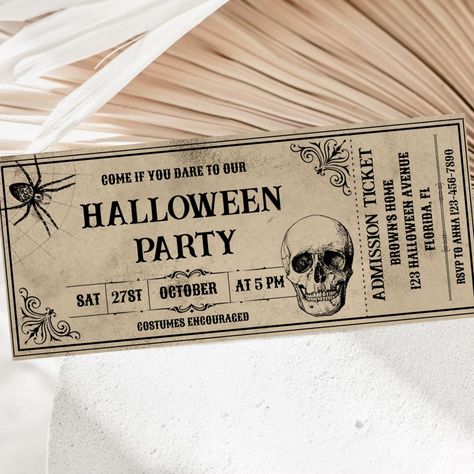 Step back in time with our Vintage Halloween Party Ticket Invitation. Embrace the spookiness of Halloween and celebrate with an adult costume party featuring "Costumes and Cocktails" or "Boos and Booze." This unique ticket-style invitation adds a touch of nostalgia to your Halloween gathering. Get ready for a night of thrills and chills with our Halloween invitations adorned with classic Halloween symbols like skulls, skeletons, and a gothic touch. Don't miss out on the eerie fun—grab your ticke Halloween Ticket Design, Halloween Invitation Ideas Diy, Halloween Invations Ideas, Halloween Party Invitations Ideas, Halloween Party Aesthetic Grunge, Halloween Party Invitations For Adults, Halloween Invitation Ideas, Halloween Tickets, Aesthetic Halloween Party