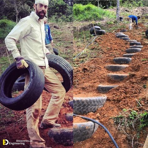 Brilliant Way To Reuse And Recycle Old Tires | Engineering Discoveries Ecosystem Design, Steep Gardens, Tire Steps, Outdoor Path, Small Patio Garden, Waste Material, Reuse And Recycle, Outdoor Steps, Big River