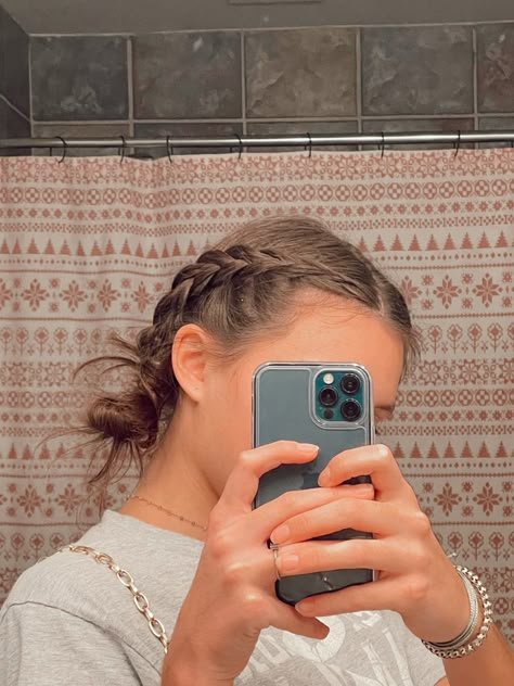 French Braid To Low Bun, French Braids Into Low Bun, Low Dutch Braid, Messy Dutch Braids Tutorial, French Braid Space Buns Low, Dutch Braid Aesthetic, Dutch Braids Into Low Bun, Dutch Braids Aesthetic, Perfect Dutch Braids