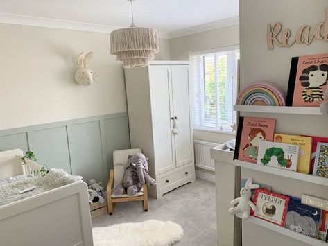 Playroom Paneling, Panelled Wall Nursery, Panelled Walls Nursery, Paneling Nursery, Nursery Wall Paneling, Panelling Nursery, Nursery Panelling, Beadboard Half Wall, Ideas For Laundry Room