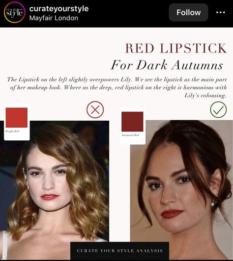 Dark Autumn Red Lipstick, Red Lipstick For Soft Autumn, Autumn Deep Makeup, Deep Autumn Lipstick, Deep Autumn Color Palette Lipstick, Red For Deep Autumn, Deep Autumn Makeup, Deep Autumn Palette, Deep Winter Palette