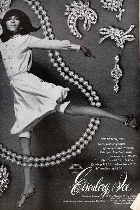 Eisenberg Ice 1965 1965 Fashion, Ice Necklace, Jewellery Advertising, Jewelry Ad, Fashion Ads, Vintage Rhinestone Jewelry, Style Steampunk, Jewelry Ads, Jewellery Marketing