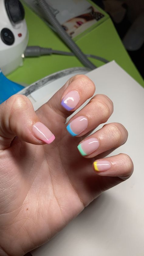 Multi Coloured French Tips, Partial French Tip Nails, Pastel Tip Nails, Bright French Tip Nails, Pastel French Manicure, Colored French Nails, Grad Nails, Colored Nail Tips, Birthday Nail