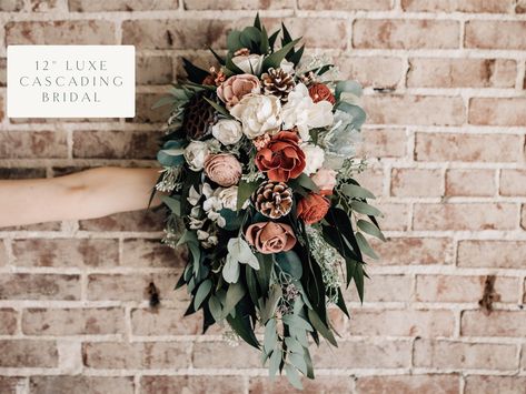 "| A stunning original design by Evergreen Bride, the Ava Collection features sola wood flowers & preserved florals. | PHOTO CREDITS to @emileeseborphotography, find them on instagram for more of their STUNNING work. ABOUT OUR AVA COLLECTION: The Ava Collection is a beautiful mix of both faux and preserved florals and greenery. Utilizing our beautiful in-house painted wooden flowers, we create timeless and keepsake bridal florals that you keep for years. The Ava design incorporates forever woode Wedding Bouquet Cascading, Ava Wood, Bridal Florals, Bouquet Fall Wedding, Flower Colouring In, Flower Wedding Bouquet, Bridal Floral Crown, Wood Flower Bouquet, Cascading Wedding Bouquets