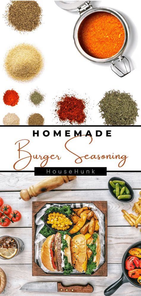 This Homemade Burger Seasoning recipe with cayenne pepper, garlic powder, onion powder, dried oregano, dried thyme, paprika, salt, and pepper is perfect for seasoning burgers at home. It is an easy-to-make dry spice mix which is a great recipe for busy moms and dads and a very useful spice mix to have on hand. #burgerrecipe #homemadeseasoning #spicemix Tap to see more recipes and cooking inspiration from House Hunk + Fatherhood at Its Finest Burger Seasoning Recipe, Hamburger Spices, Best Burger Seasoning, Burger Recipes Seasoning, Burger Spice, Burgers At Home, Easy Homemade Burgers, Easy Burgers, Homemade Burger