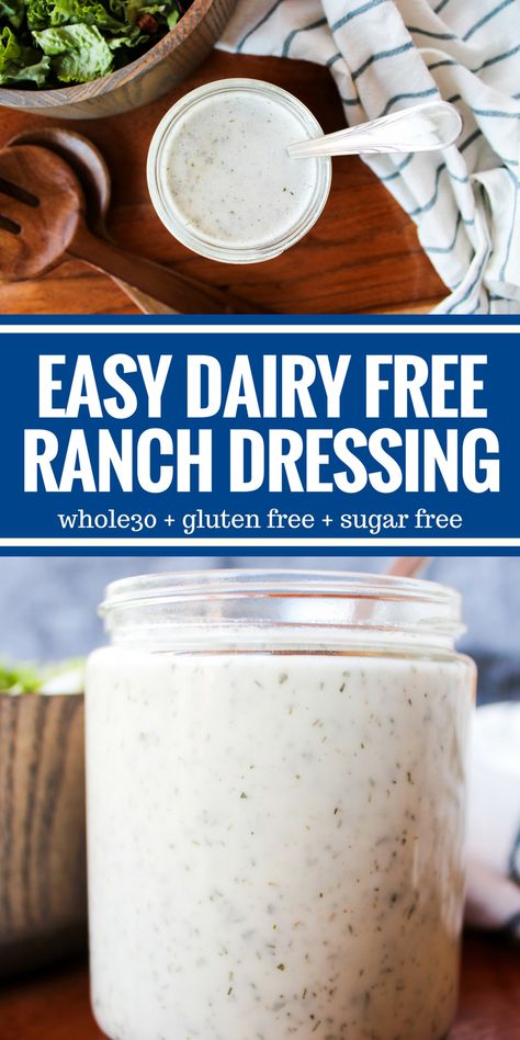 This is the easiest Ranch Dressing you'll ever make. It's dairy free so you can enjoy it on Whole30 and it's ready in less than 5 minutes! Easy Ranch Dressing, Paleo Ranch Dressing, Dairy Free Ranch, Paleo Ranch, Dairy Free Ranch Dressing, Paleo Condiments, Ranch Dressing Recipe, Homemade Ranch Dressing, Homemade Ranch