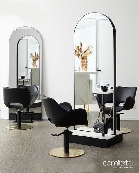 Comfortel Salon Furniture on Instagram: "NEW* Verona Grande Blanco ~ A tall arch #salonmirror that makes a statement to any #salonspace Options include a single, that leans against the wall, or a Double Freestanding Unit as pictured. Shop via the link in bio. . . . #comfortelVeronaGrande" Salon Mirror Ideas, Modern Salon Design, Makeup Room Design, Wall Mirror Ideas, Textures Wall, Salon Equipment Furniture, Wall Mirror Decor, Nail Salon Interior Design, Beauty Salon Interior Design