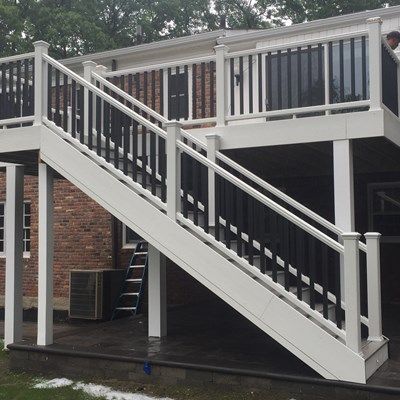 Second Story Deck Ideas, Under Deck Drainage, Deck Stair Railing, Porch Railing Designs, Deck Balusters, Deck Maintenance, Second Story Deck, Deck Fireplace, Multi Level Deck