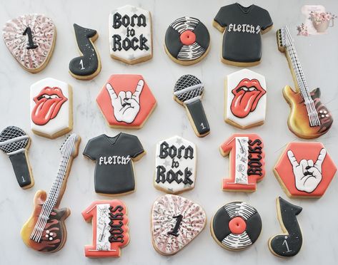 Born Two Rock Birthday Cookies, Rock And Roll Birthday Cookies, Another One Bites The Dust Birthday Cake, One Rocks First Birthday Cookies, Another 1 Bites The Dust Birthday, One Rocks Cookies, Rocker First Birthday, Rock N Roll Cookies, Rolling Stones Birthday Party