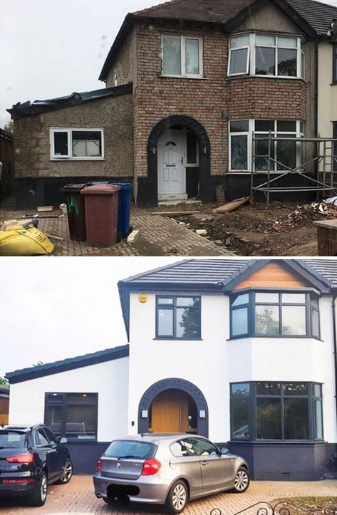 1930 House Renovation Exterior, Semi House Design, 3 Bed Semi Renovation, 1930s House Exterior Renovation, Brick Home Renovation Exterior, 1930s Semi Detached House Exterior Uk, Exterior House Before And After, Uk House Renovation, House Transformation