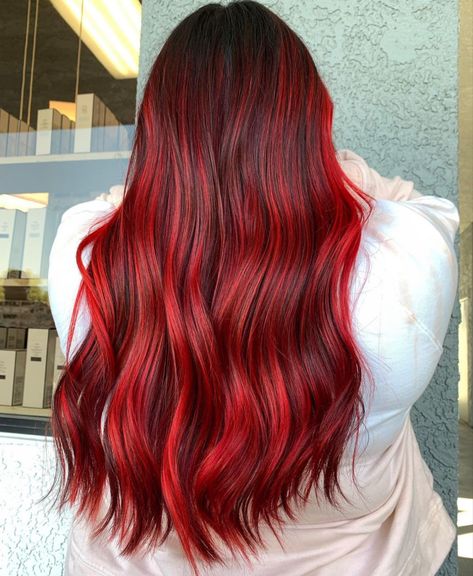 Neon red dimmensional balayge Brunette Red Balayage, Neon Red Hair, Brunette Red, Red Balayage, Neon Red, Red Hair Color, Something Different, Red Hot, Red Hair