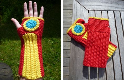 Iron Man handwarmers by Kottdjur.deviantart.com on @deviantART Iron Man Hand, Crochet Gloves, Wrist Warmers, Mens Gloves, Yarn Crafts, Crochet And Knitting, Hand Warmers, Fingerless Gloves, Arm Warmers