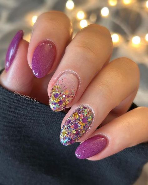 Cute Nail Designs Dip Powder, Dip Powder Nail Styles, Purple Dip Nails With Design, Colorful New Years Nails, Dip Glitter Powder Nails, Almond Shaped Dip Powder Nails, Dip Powder Nails With Glitter, Late February Nails, Birthday Nails Dip