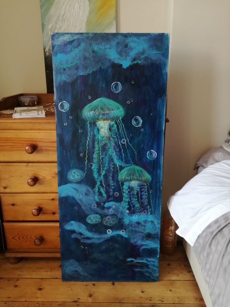 Jelly fish Jellyfish Abstract Art, Jelly Fish Painting Ideas, Ocean Painting Ideas On Canvas, Jelly Fish Painting Acrylic, Jelly Fish Acrylic, Cool Stuff To Paint, Ocean Fish Painting, Stuff To Paint On A Canvas, Big Art Projects