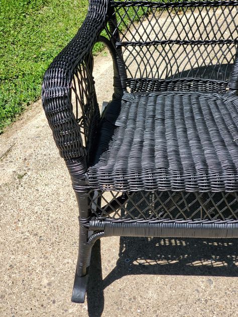 Thrifted Wicker Rocking Chair French Farmhouse Refresh Black Wicker Chair, Wicker Porch Furniture, Old Wicker, Yellow Brick Home, Black Wicker, Wicker Rocking Chair, Porch Chairs, French Farmhouse Style, Antique Wicker