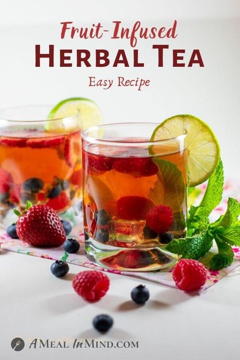 This fruit-infused herbal tea is so simple, yet so attractive and refreshing! Make it when guests come over, as it will make your table look elegant and festive. | A Meal In Mind @amealinmind #amealinmind #infusedwater #organicfruit #strawberries #raspberries #herbaltea #fruitinfusedtea #berries #limedrink #noalcoholdrink #foodie #easyrecipes Vegan Calamari, Dinner Party Elegant, Spa Water Recipes, Shrub Recipe, Kombucha Recipes, Chip Dips, Healthy Refreshing Drinks, Vinegar Recipes, Gluten Free Recipes For Kids